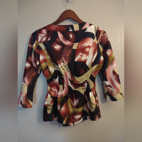 SERE NADE Abstract Print Peplum Blouse Black Cream Gold Dusty Pink - Picture 8 of 12